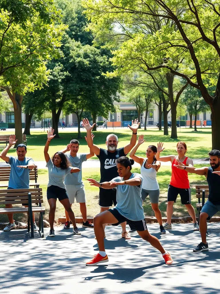 A diverse group of individuals engaged in a calisthenics workshop, showcasing the inclusivity and skill-building aspects of CALISASSOS's activities.