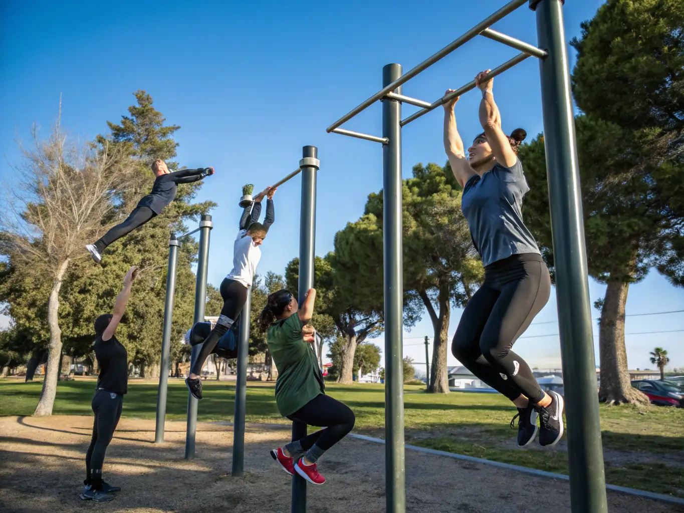 A group of diverse individuals participating in a bodyweight exercise class in a park, led by a CALISASSOS instructor. The atmosphere is energetic and inclusive, showcasing community engagement.