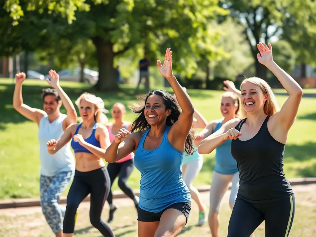 A group of people participating in a bodyweight exercise class outdoors in a park, led by a CALISASSOS instructor. The atmosphere is energetic and inclusive, with participants of various ages and fitness levels.
