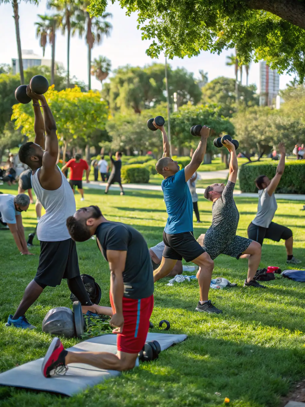 A group of people participating in a bodyweight workout session in a park, led by a CALISASSOS instructor, demonstrating the accessibility and community aspect of the program.