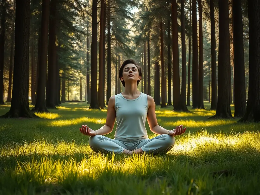 A serene image of a person meditating outdoors, surrounded by nature, representing the mental and emotional well-being benefits of participating in CALISASSOS programs.