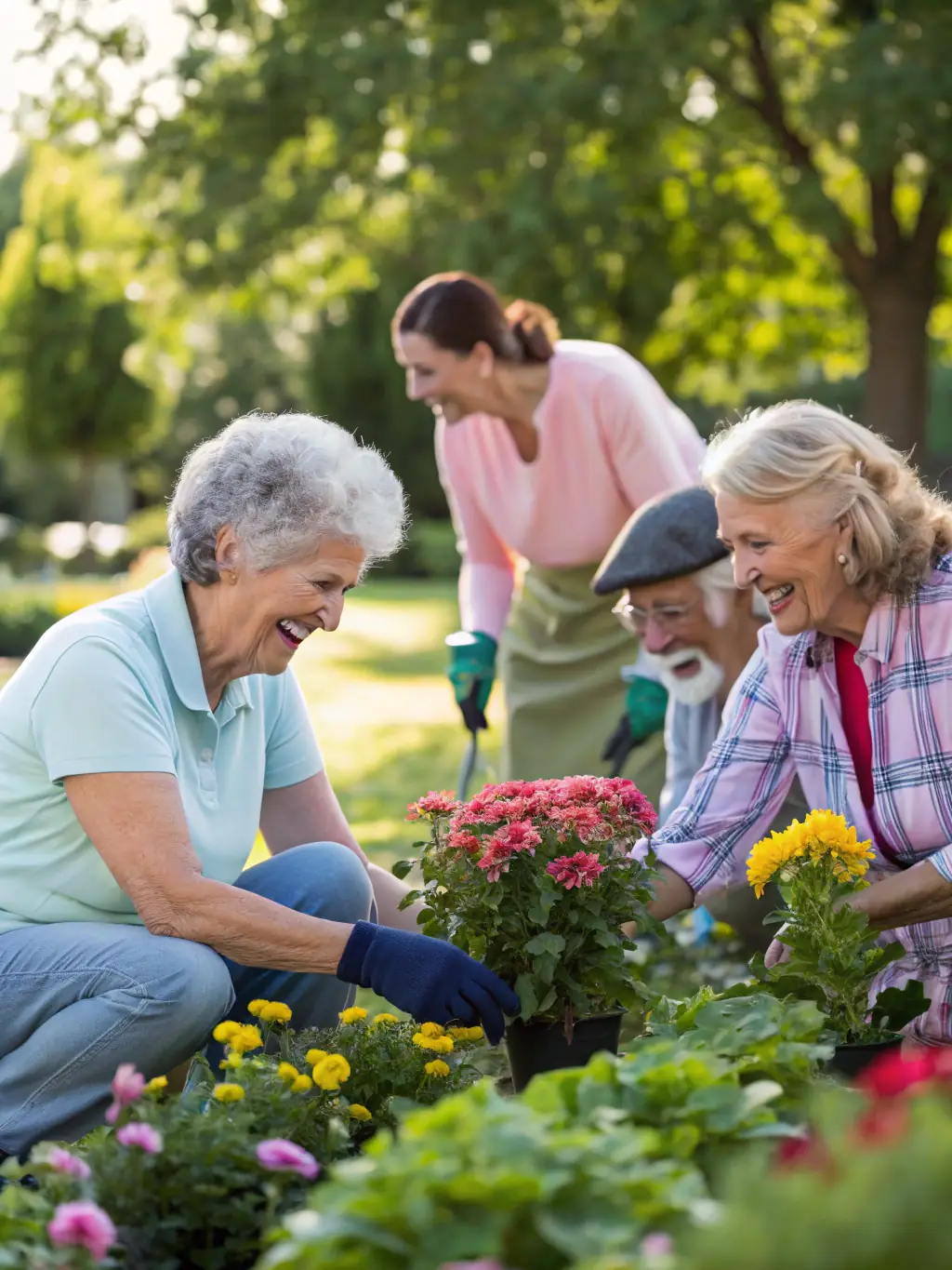 A group of seniors laughing and exercising together in a park, showcasing the social benefits of CALISASSOS programs.