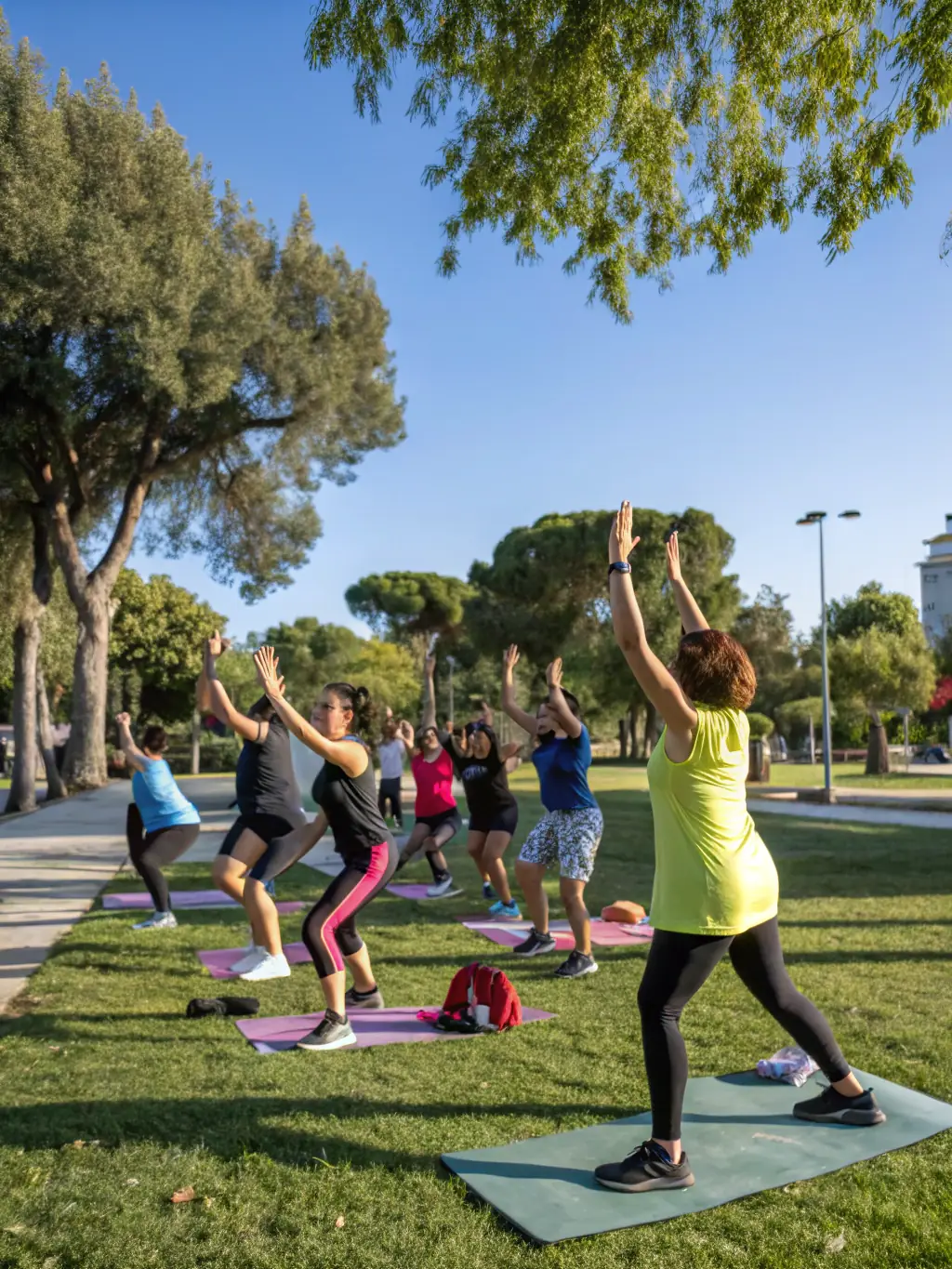 A group of people participating in a bodyweight exercise class outdoors in a park, led by a CALISASSOS instructor, showcasing the community aspect of the program.