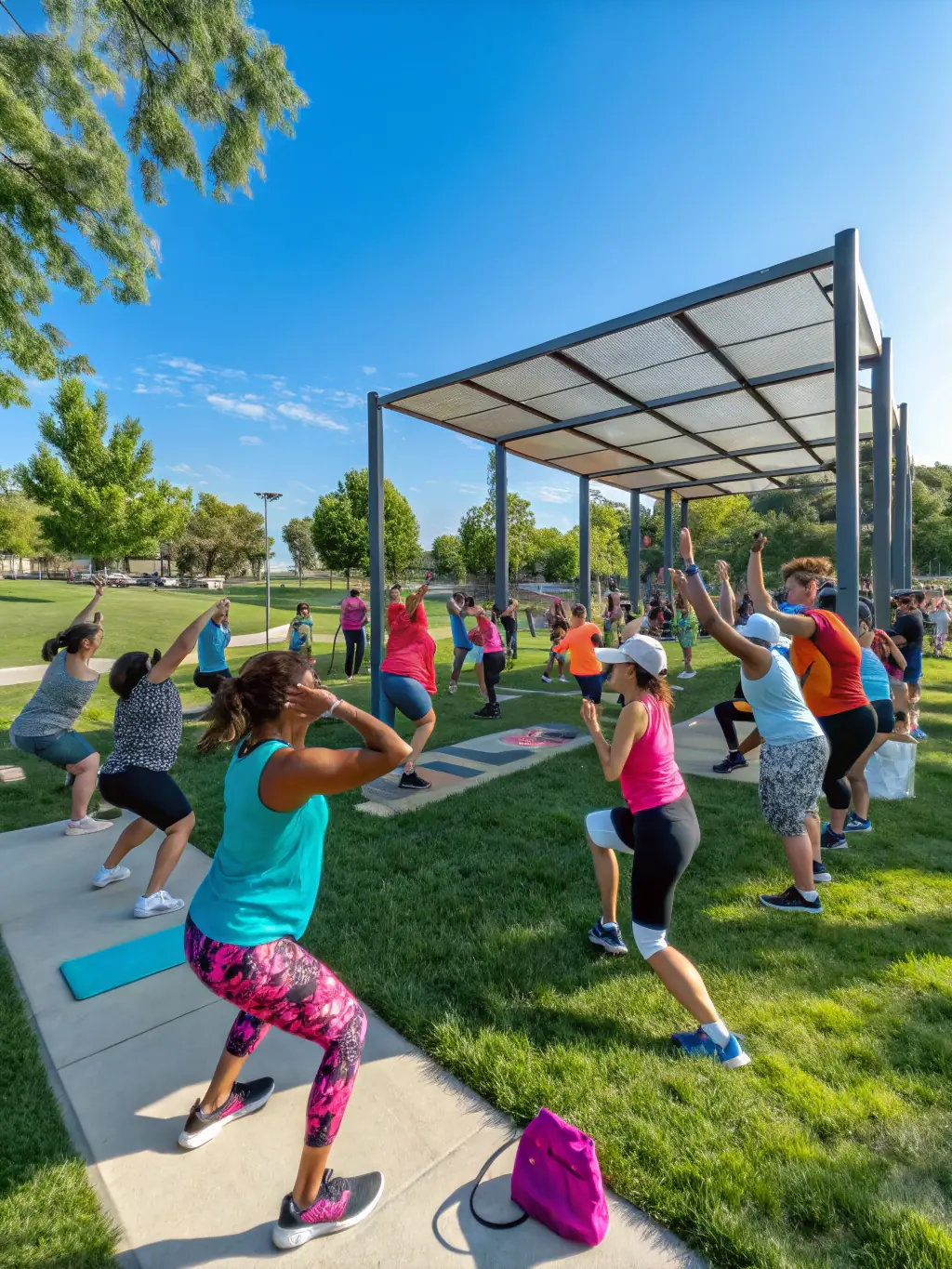 A photo of participants using minimal equipment (like resistance bands) during a guided exercise session, emphasizing accessibility and ease of participation.