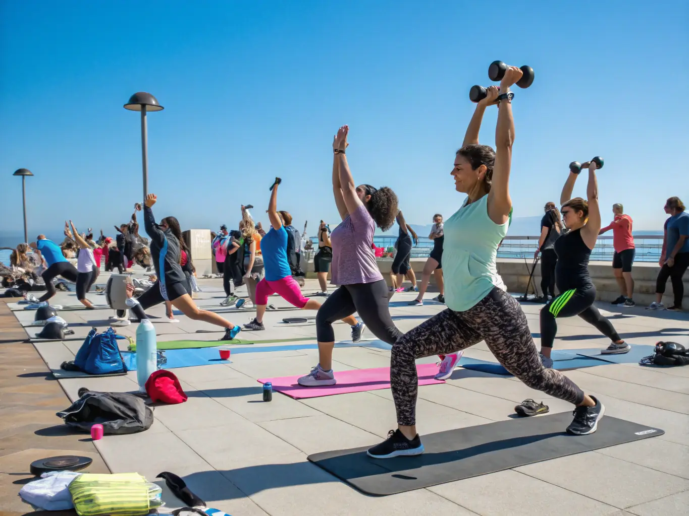 A group of diverse adults participating in a CALISASSOS outdoor fitness class, smiling and engaged in a bodyweight exercise, with a park and trees in the background, symbolizing improved physical health and community engagement.
