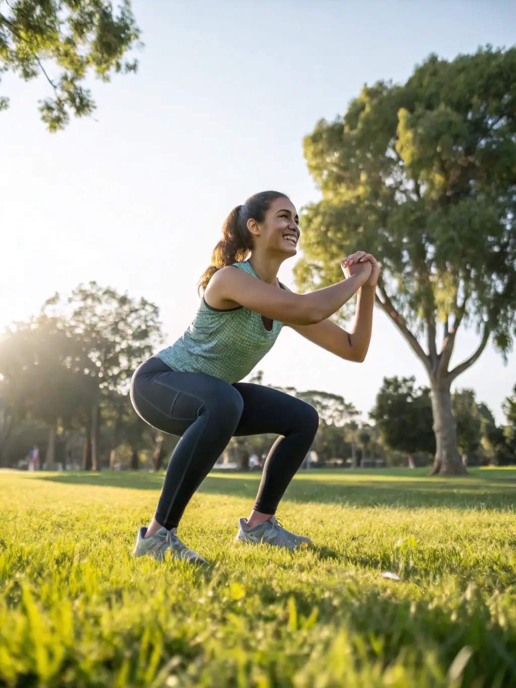 A person smiling while easily performing a bodyweight exercise outdoors, emphasizing the accessibility of CALISASSOS activities.