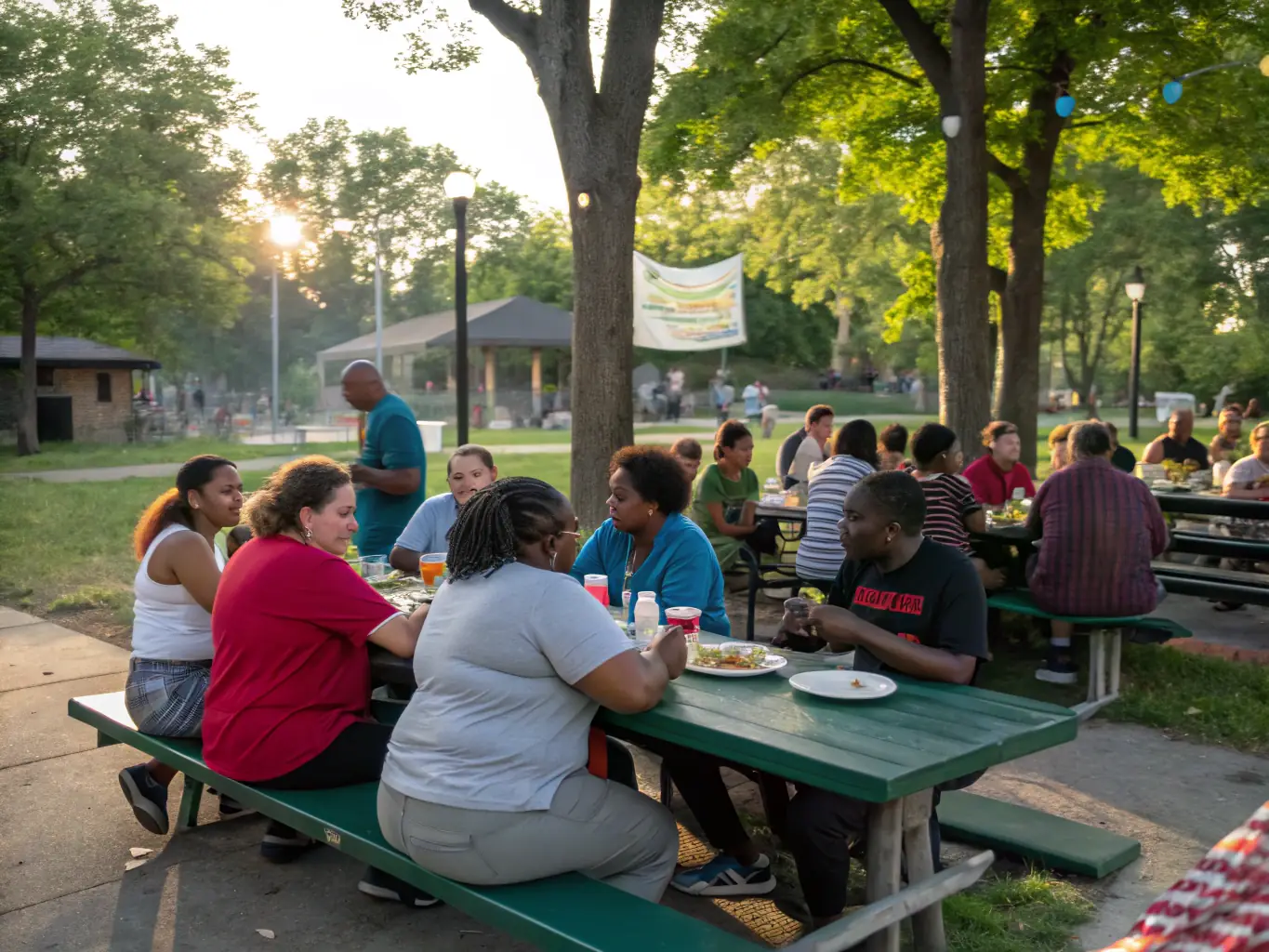 A group of CALISASSOS members laughing and interacting during a post-exercise social gathering, with healthy snacks and drinks on a table, representing the social benefits and community spirit.