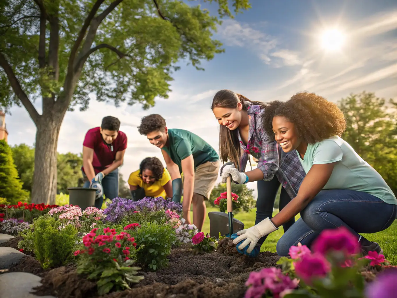 A diverse group of people participating in a community event organized by CALISASSOS, such as a park cleanup or a healthy cooking demonstration. The event promotes social interaction and community engagement.